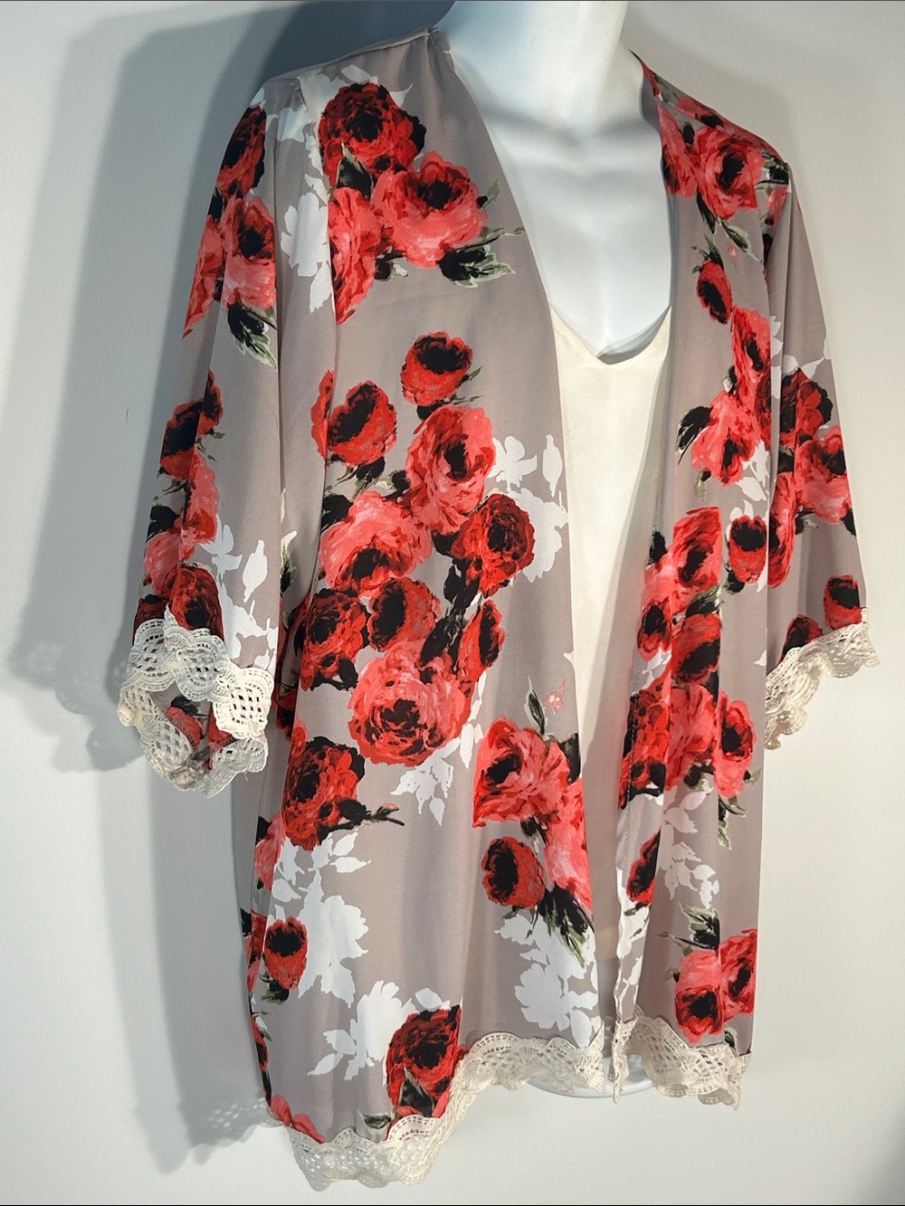 Liberty Love XXL Vintage Rose Floral Kimono Lace Cottage Boho Cover Up Coquette